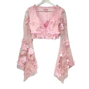 Dolls Kill Sugar Thrillz Pink 3D Floral Lace Sheer Bell Sleeve Crop Top M READ